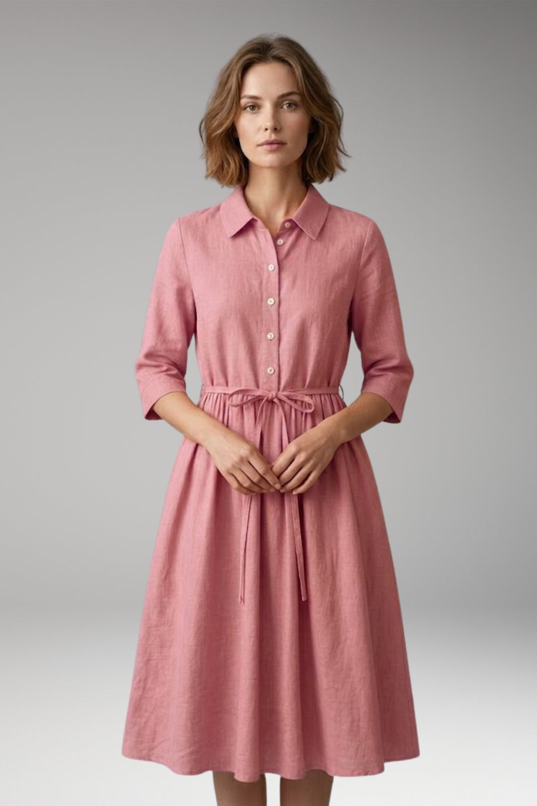 Women's Midi Dress with Button Front and Drawstring Waist