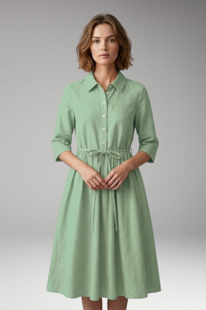 Women's Midi Dress with Button Front and Drawstring Waist