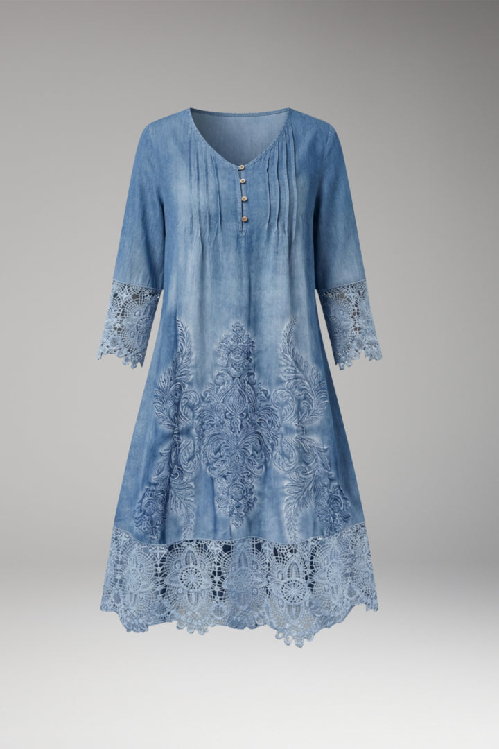 Women's Midi Dress with Button Neck and Lace Trim