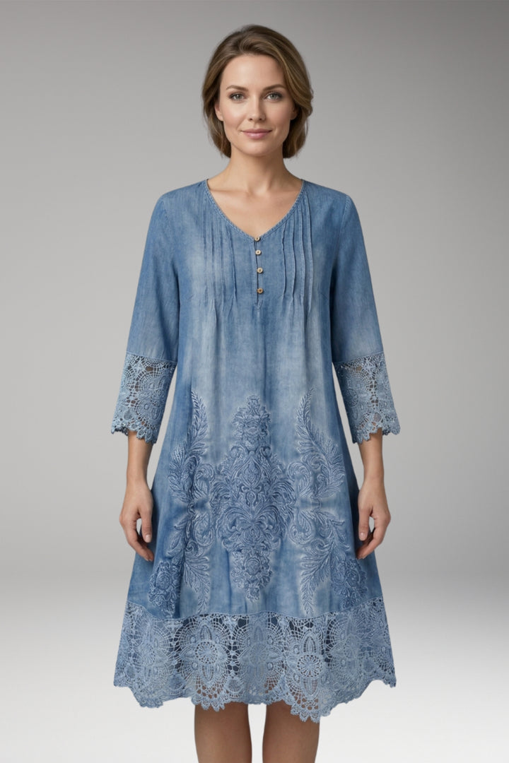 Women's Midi Dress with Button Neck and Lace Trim