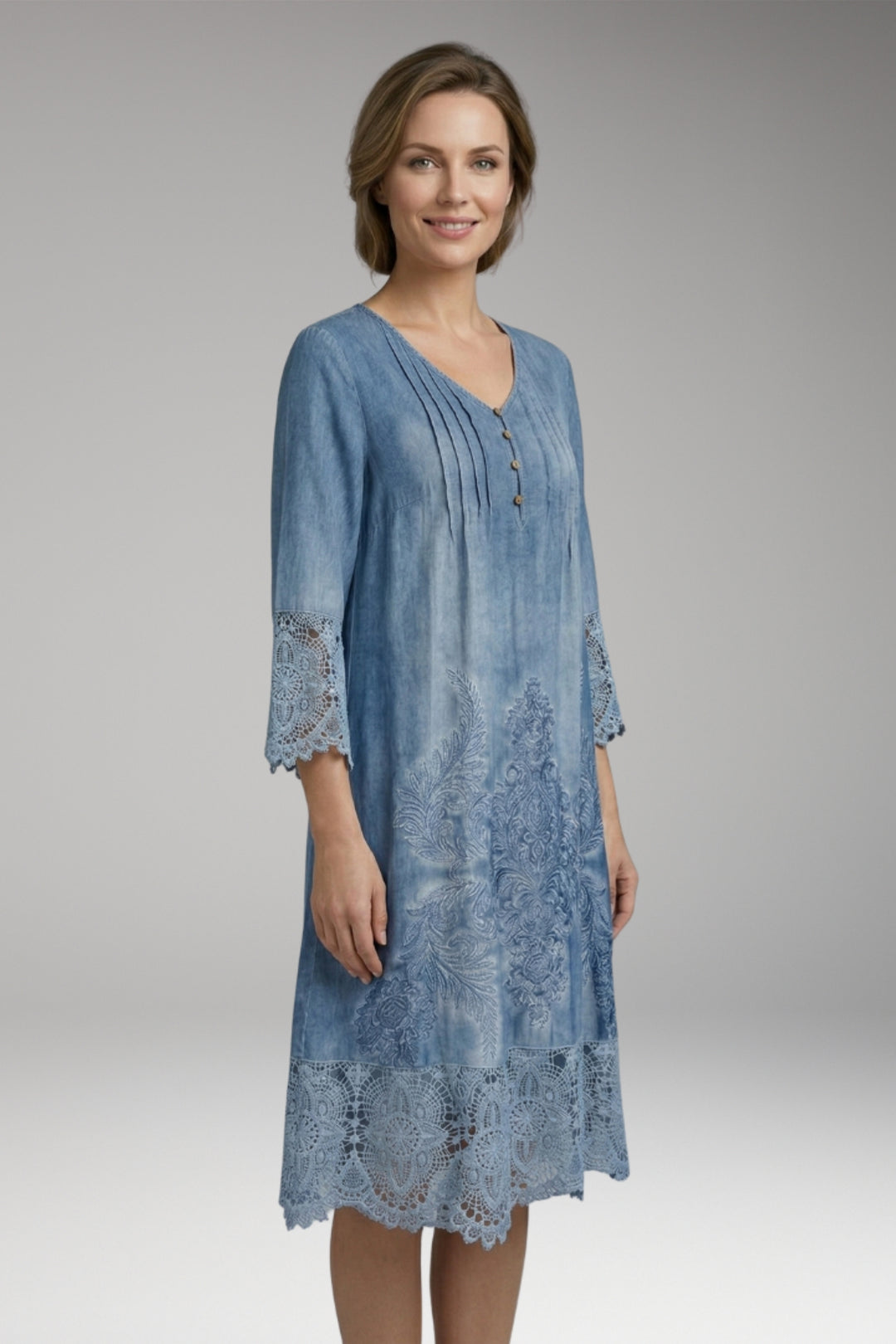 Women's Midi Dress with Button Neck and Lace Trim