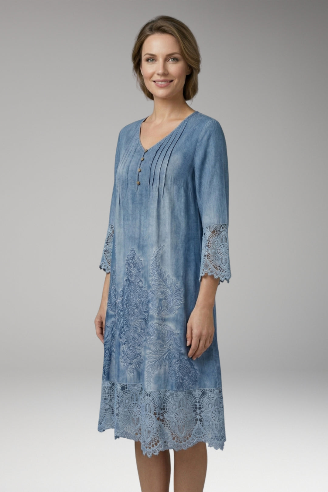 Women's Midi Dress with Button Neck and Lace Trim