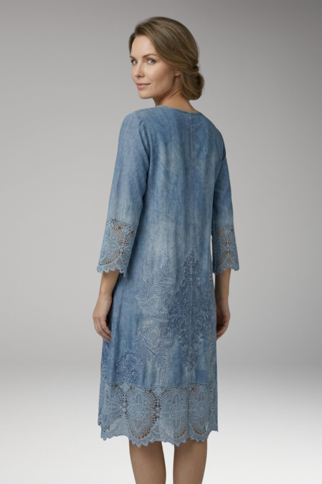 Women's Midi Dress with Button Neck and Lace Trim