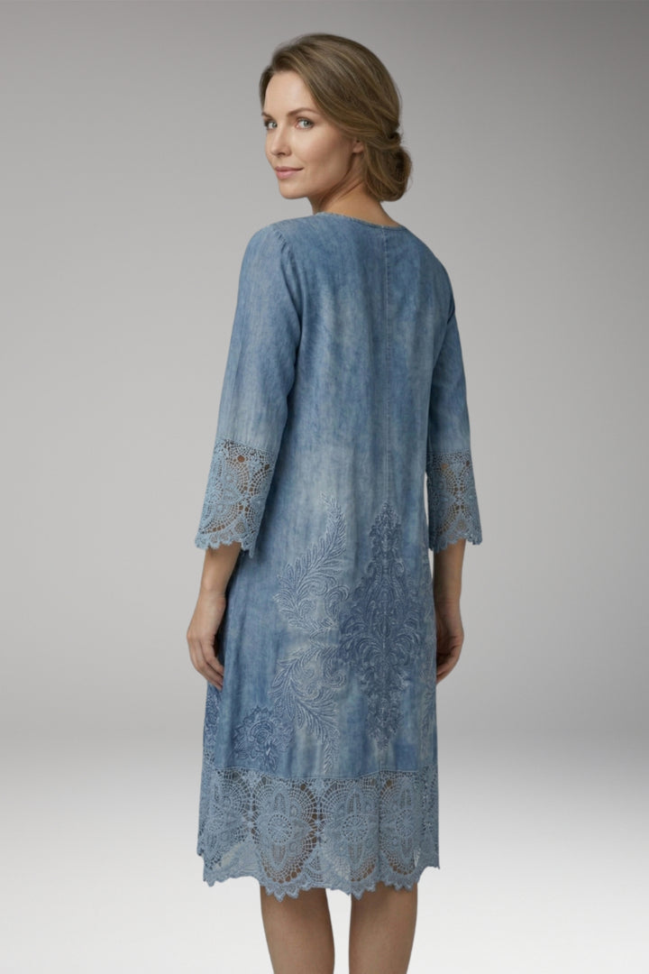 Women's Midi Dress with Button Neck and Lace Trim