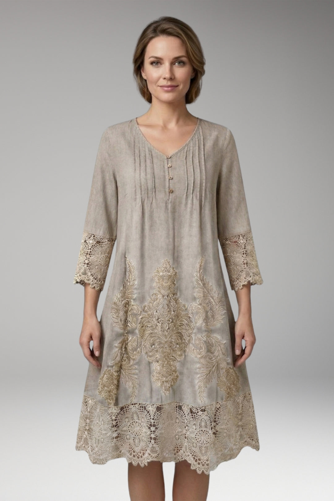 Women's Midi Dress with Button Neck and Lace Trim