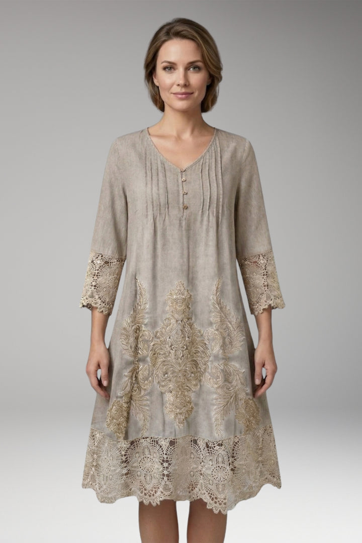 Women's Midi Dress with Button Neck and Lace Trim