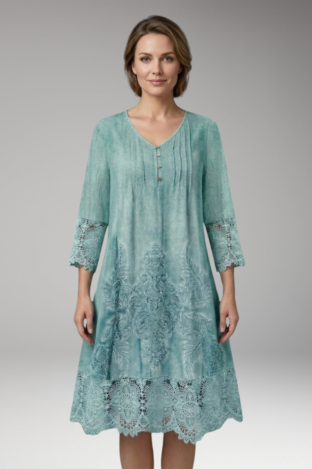 Women's Midi Dress with Button Neck and Lace Trim