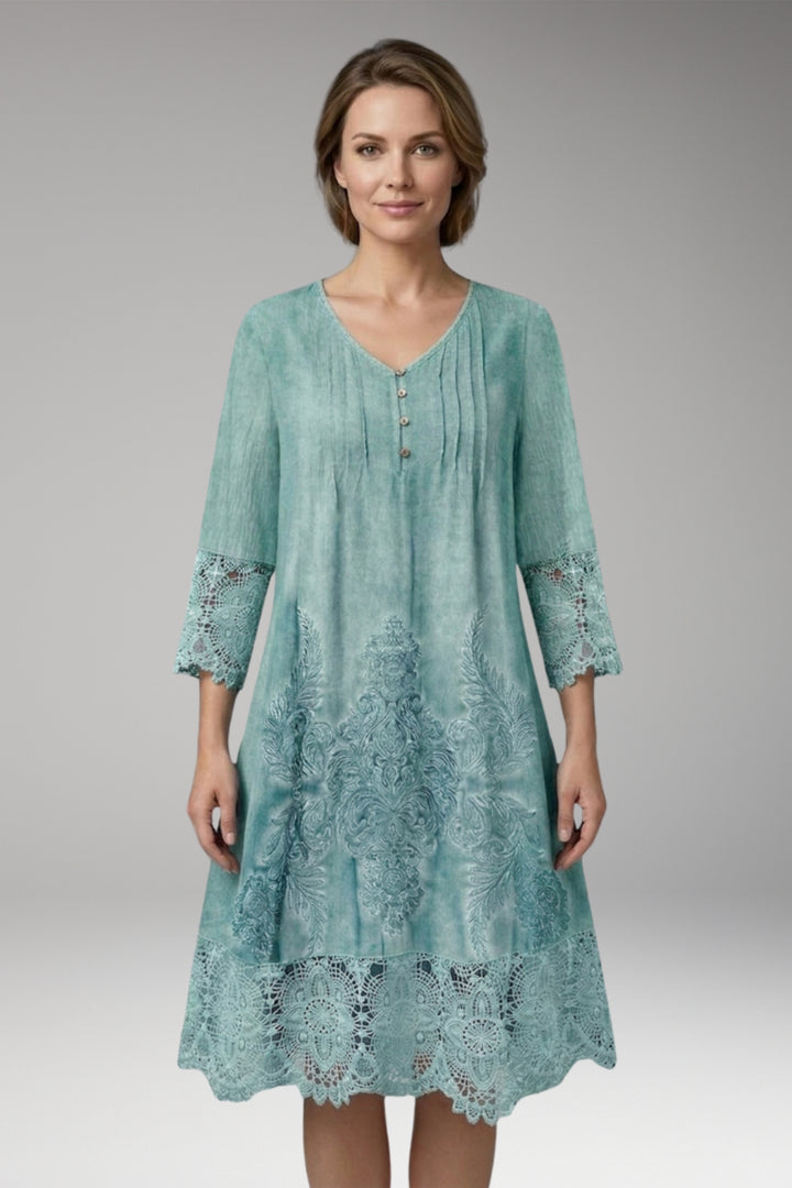 Women's Midi Dress with Button Neck and Lace Trim