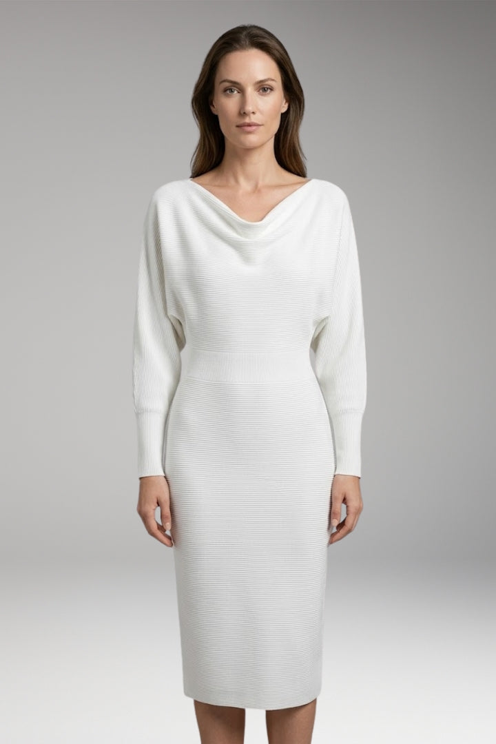 Women's Midi Dress with Draped Neckline and Long Sleeves