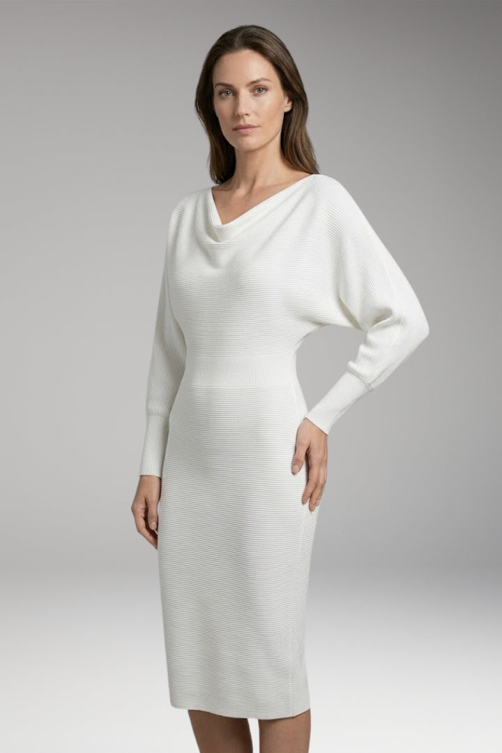 Women's Midi Dress with Draped Neckline and Long Sleeves