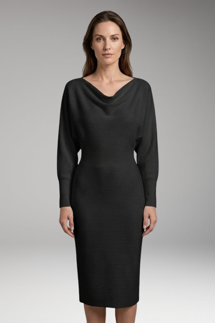 Women's Midi Dress with Draped Neckline and Long Sleeves