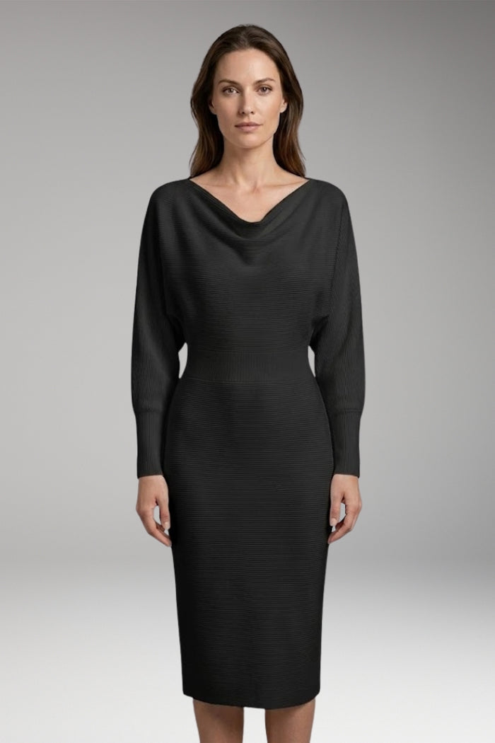 Women's Midi Dress with Draped Neckline and Long Sleeves
