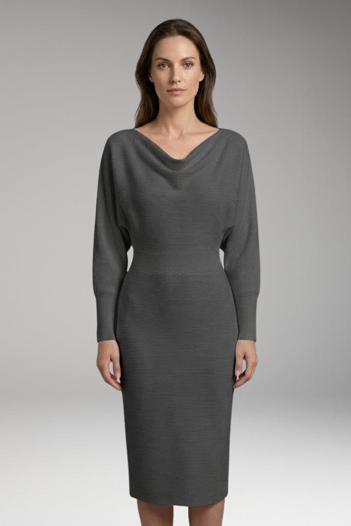 Women's Midi Dress with Draped Neckline and Long Sleeves