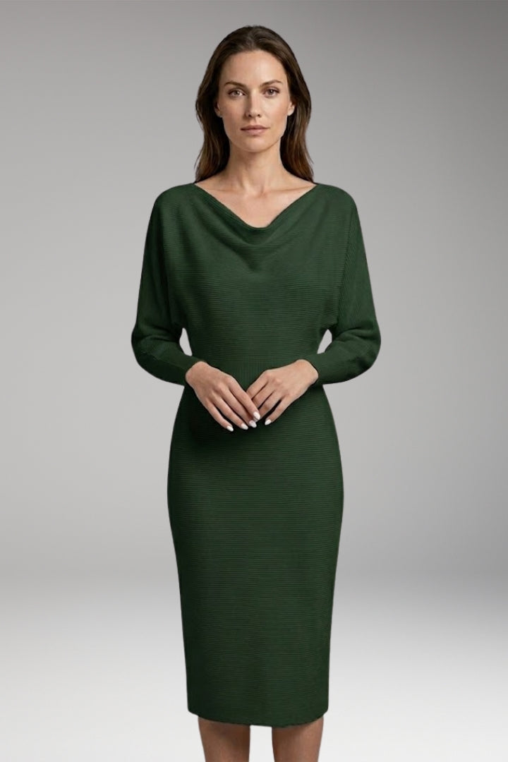 Women's Midi Dress with Draped Neckline and Long Sleeves