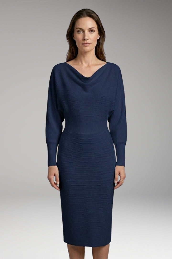 Women's Midi Dress with Draped Neckline and Long Sleeves