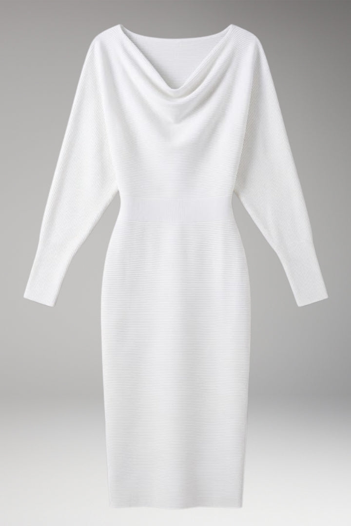 Women's Midi Dress with Draped Neckline and Long Sleeves