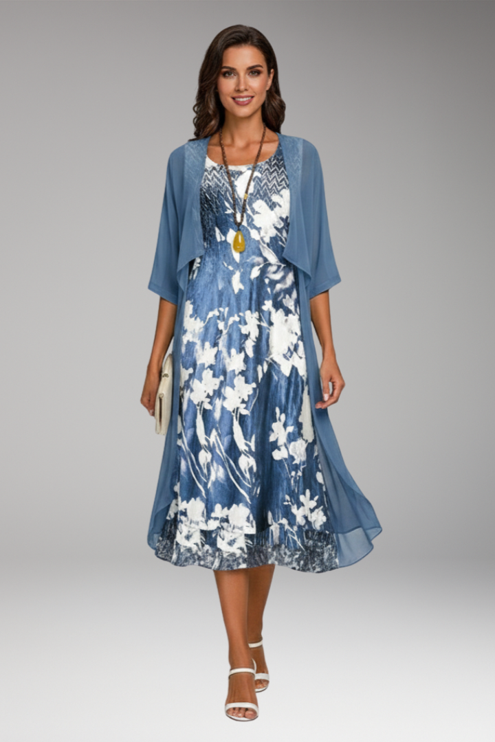 Women's Midi Dress with Floral Pattern and Open Cardigan