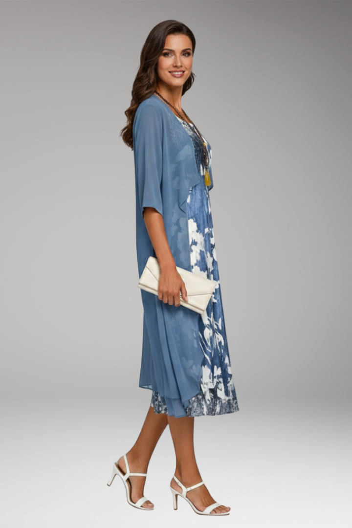 Women's Midi Dress with Floral Pattern and Open Cardigan