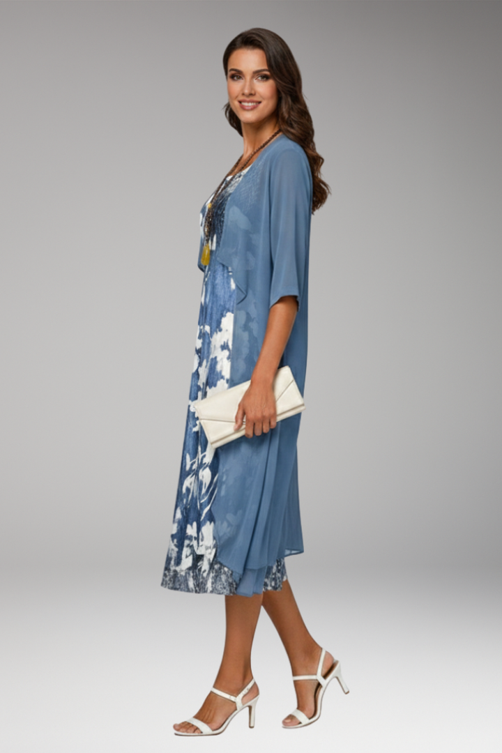 Women's Midi Dress with Floral Pattern and Open Cardigan