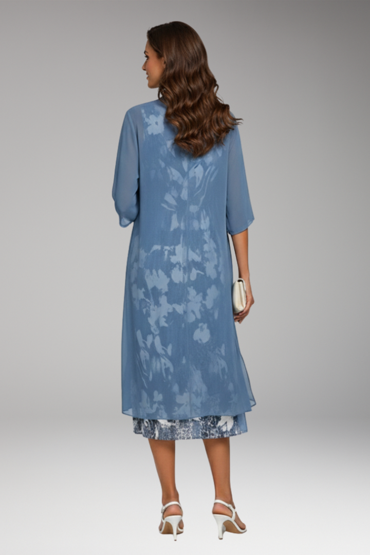 Women's Midi Dress with Floral Pattern and Open Cardigan
