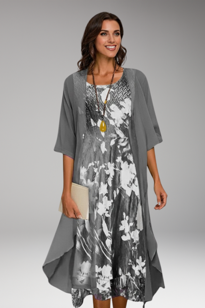 Women's Midi Dress with Floral Pattern and Open Cardigan