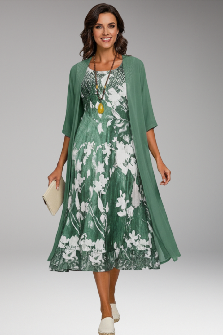 Women's Midi Dress with Floral Pattern and Open Cardigan