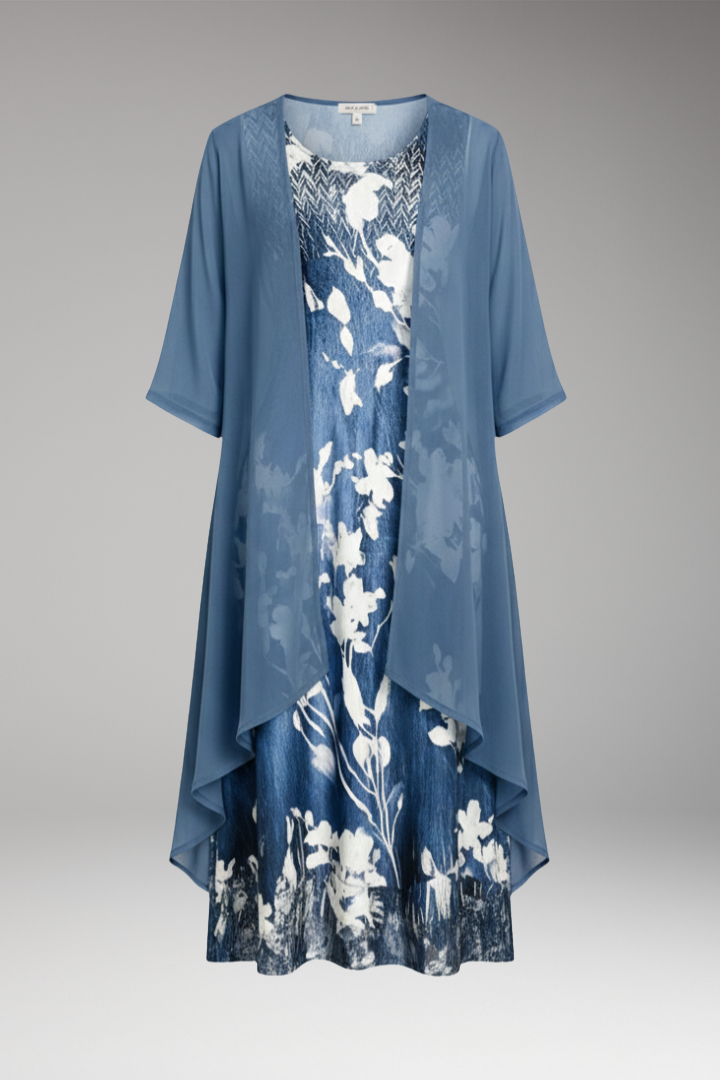 Women's Midi Dress with Floral Pattern and Open Cardigan