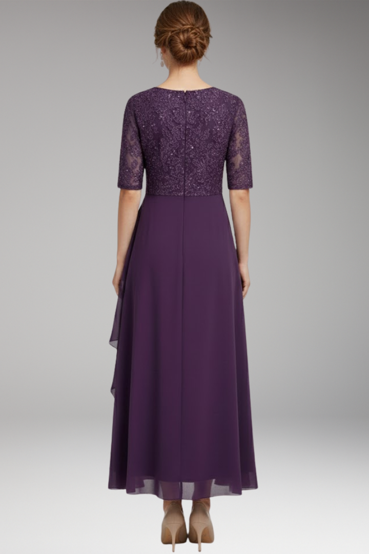 Women's Midi Dress with High Waist and Short Sleeves