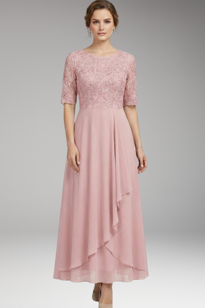 Women's Midi Dress with High Waist and Short Sleeves