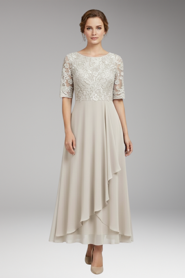 Women's Midi Dress with High Waist and Short Sleeves