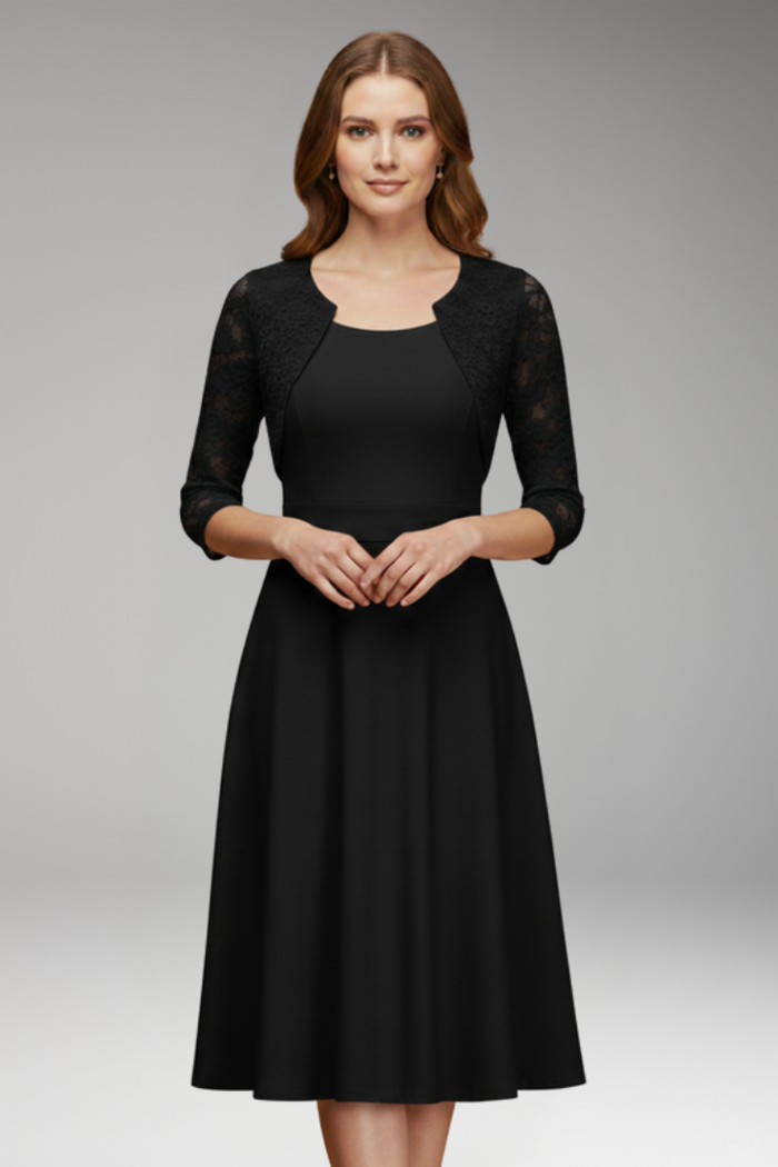 Women's Midi Dress with Lace Sleeves and Swing Skirt