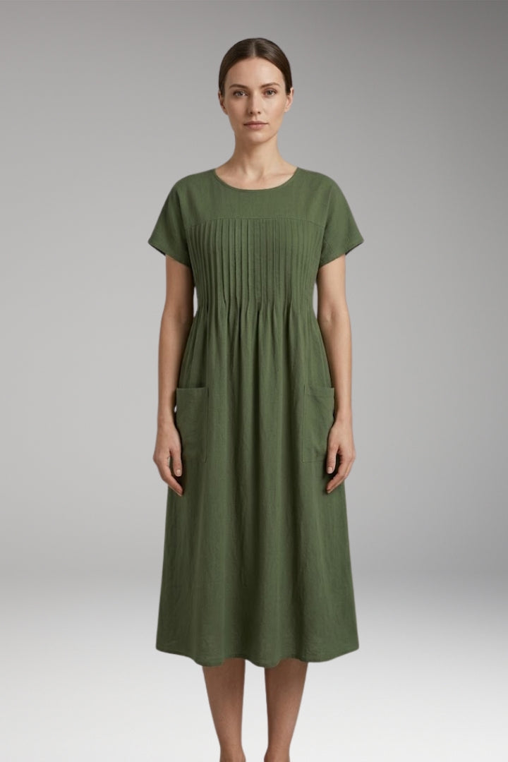 Women's Midi Dress with Pleated Front and Side Pockets