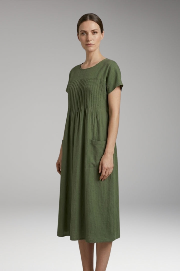 Women's Midi Dress with Pleated Front and Side Pockets