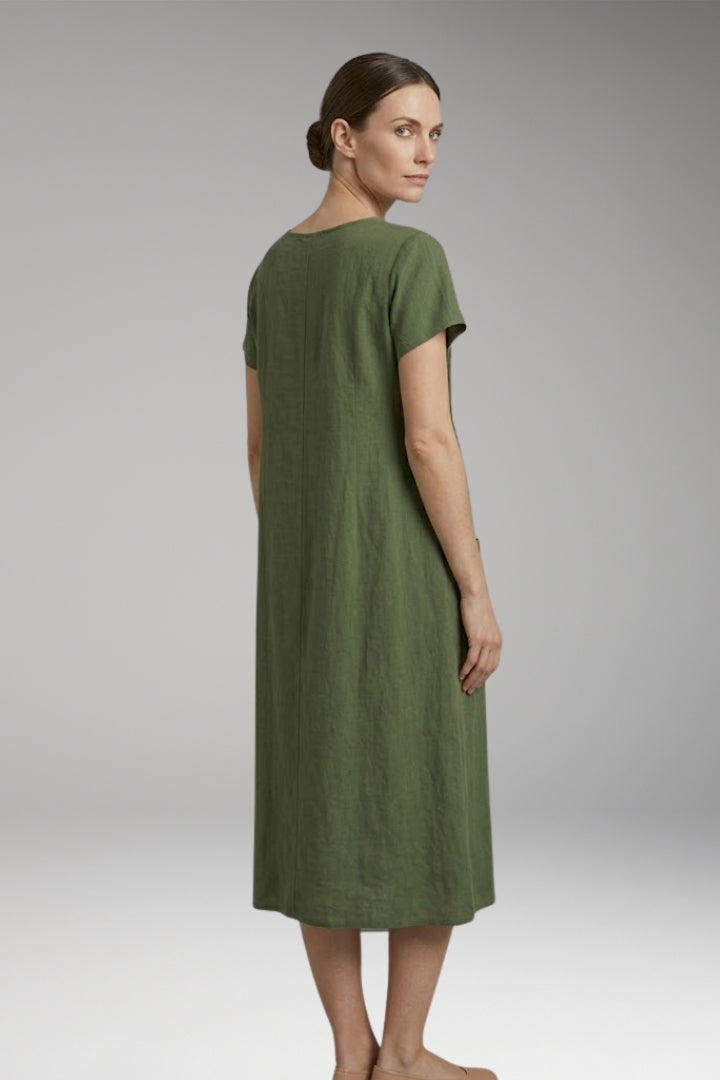 Women's Midi Dress with Pleated Front and Side Pockets
