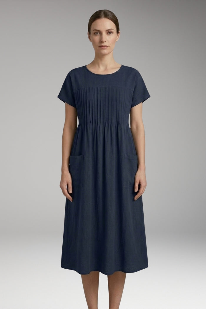 Women's Midi Dress with Pleated Front and Side Pockets