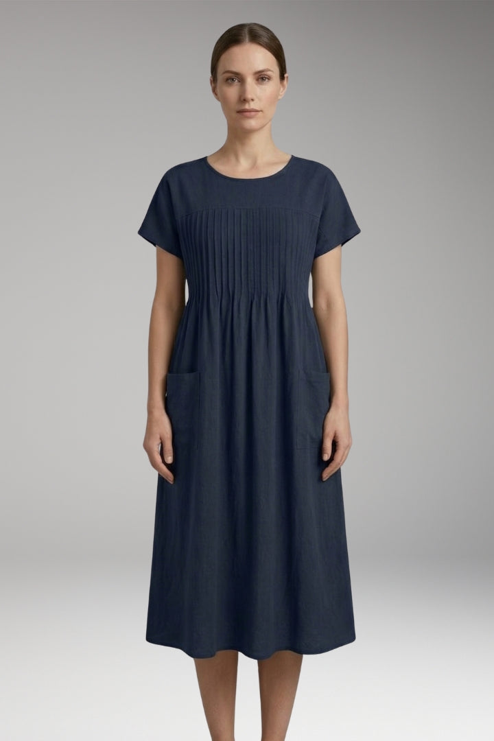 Women's Midi Dress with Pleated Front and Side Pockets