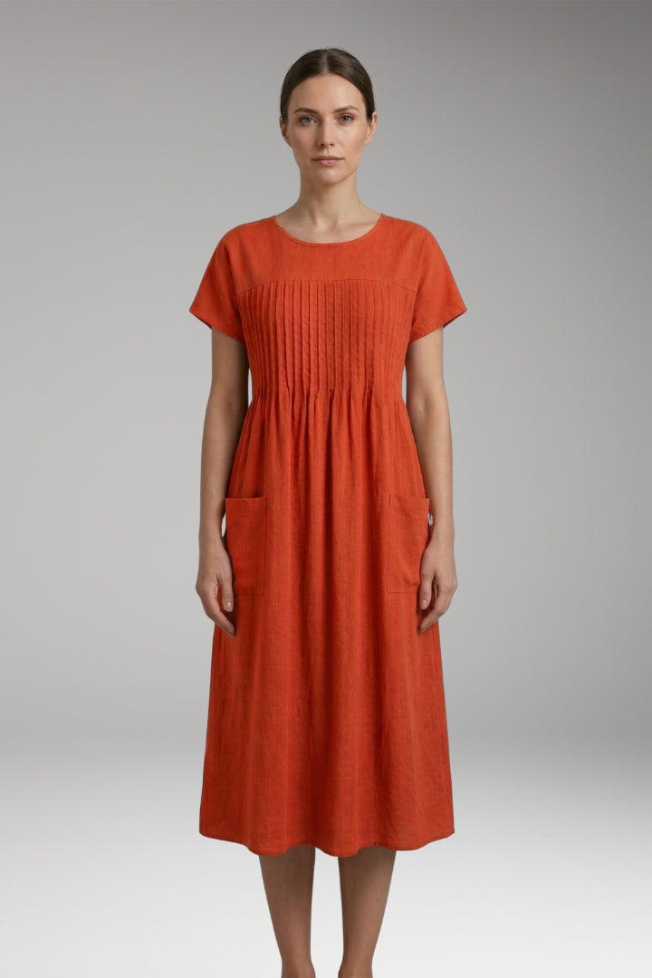 Women's Midi Dress with Pleated Front and Side Pockets