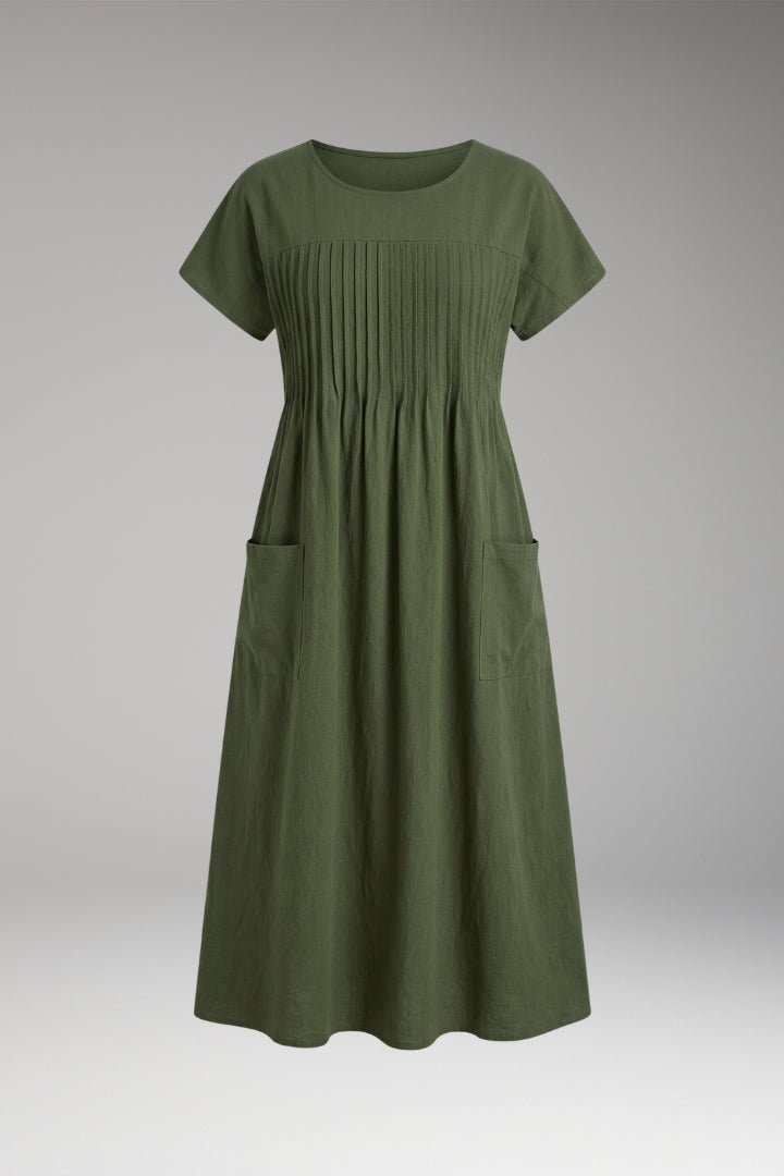 Women's Midi Dress with Pleated Front and Side Pockets