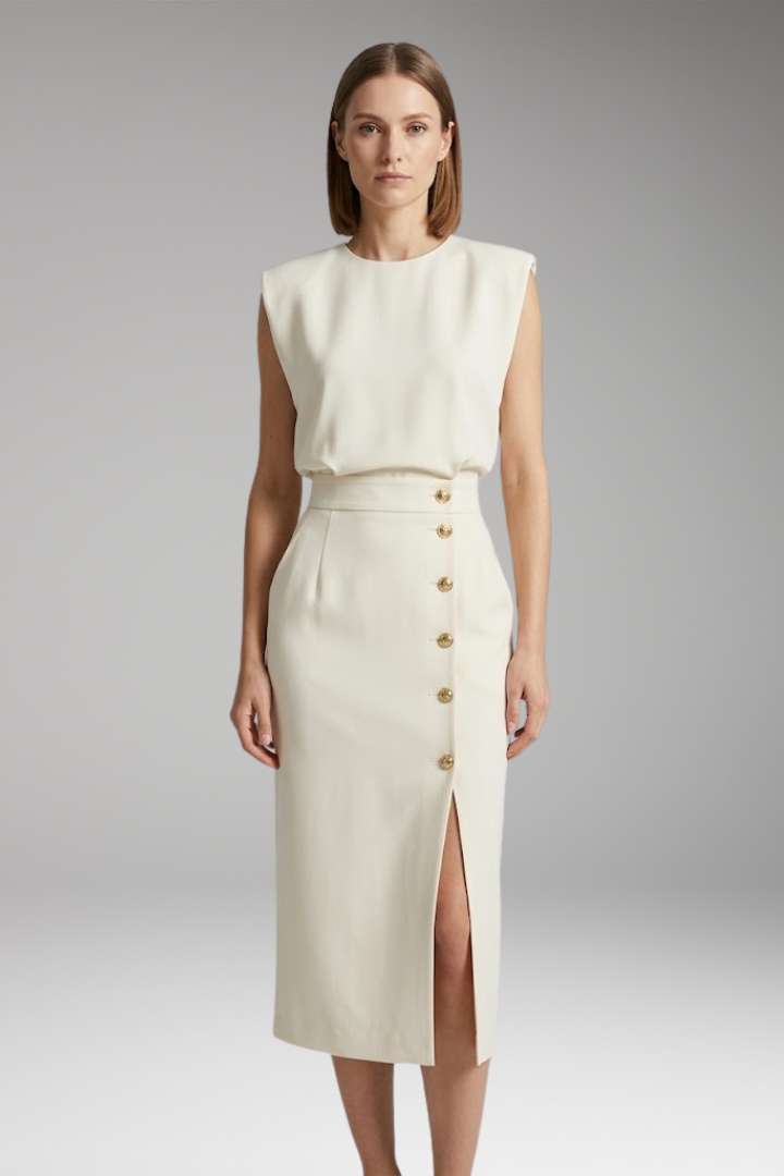 Women's Midi Dress with Round Neck and Button Front
