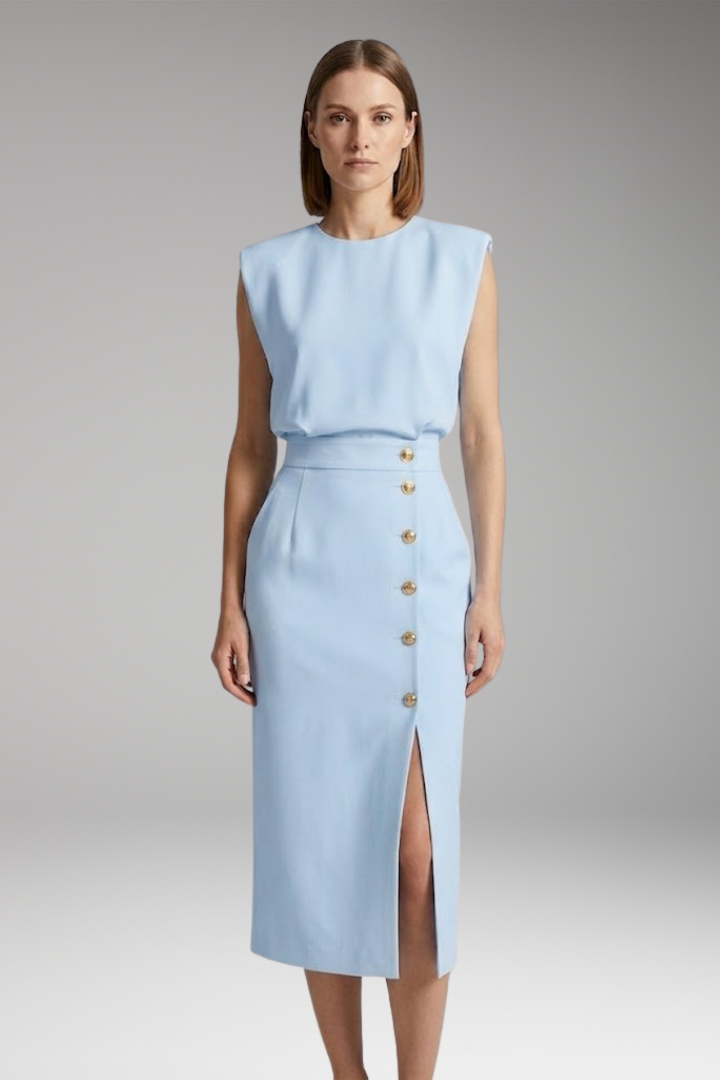 Women's Midi Dress with Round Neck and Button Front