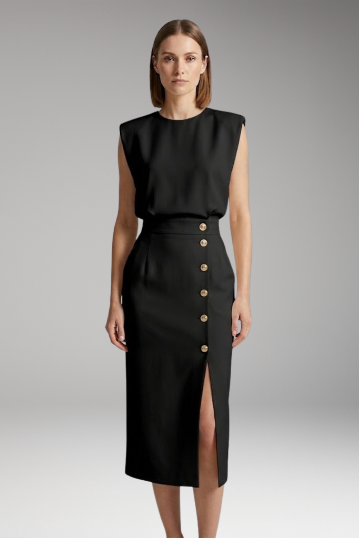 Women's Midi Dress with Round Neck and Button Front
