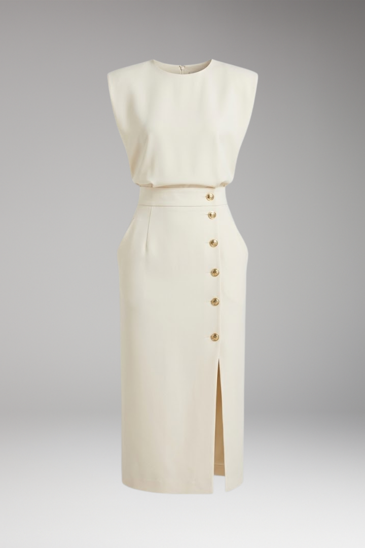 Women's Midi Dress with Round Neck and Button Front