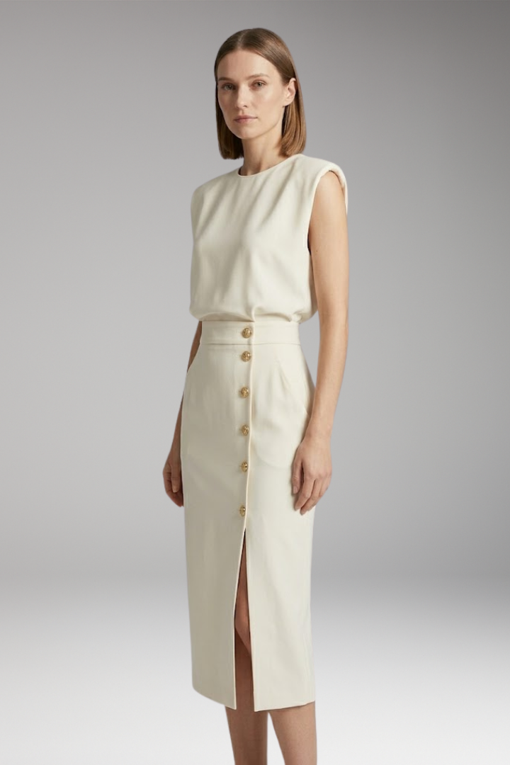 Women's Midi Dress with Round Neck and Button Front