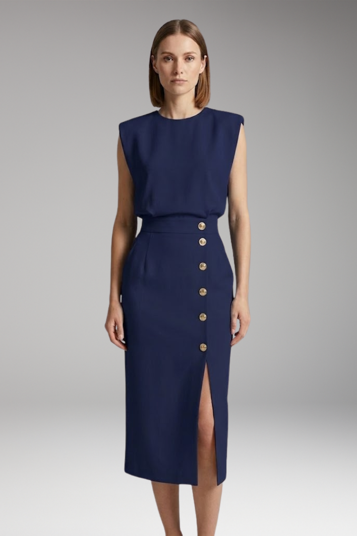 Women's Midi Dress with Round Neck and Button Front