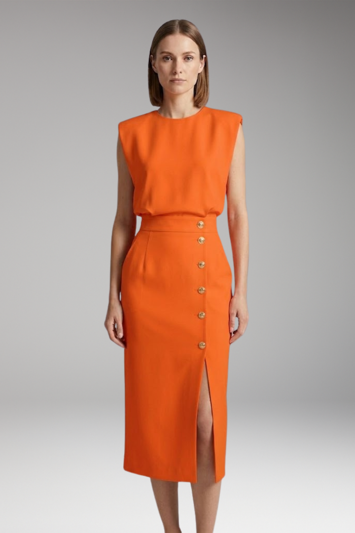 Women's Midi Dress with Round Neck and Button Front