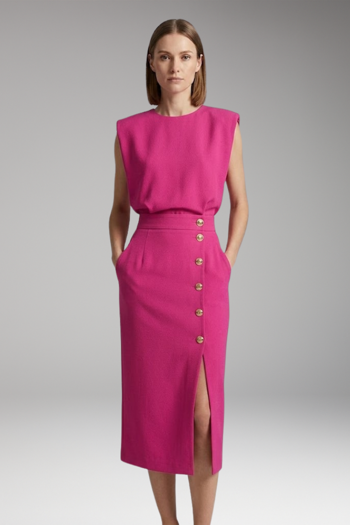 Women's Midi Dress with Round Neck and Button Front