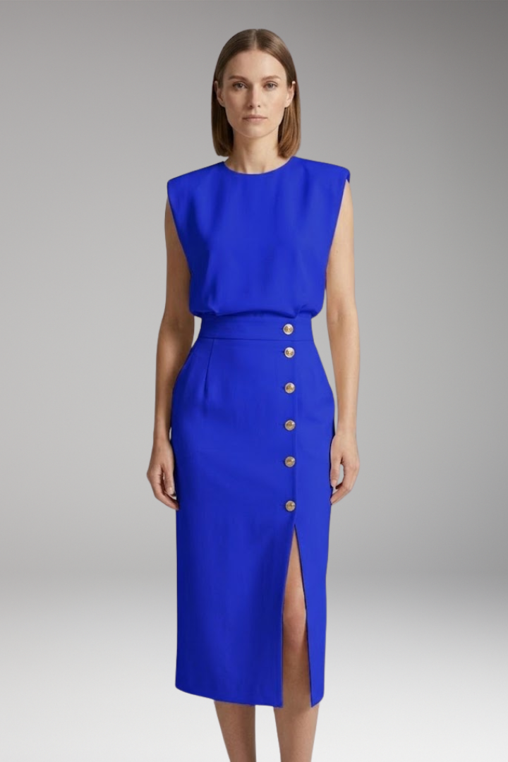 Women's Midi Dress with Round Neck and Button Front