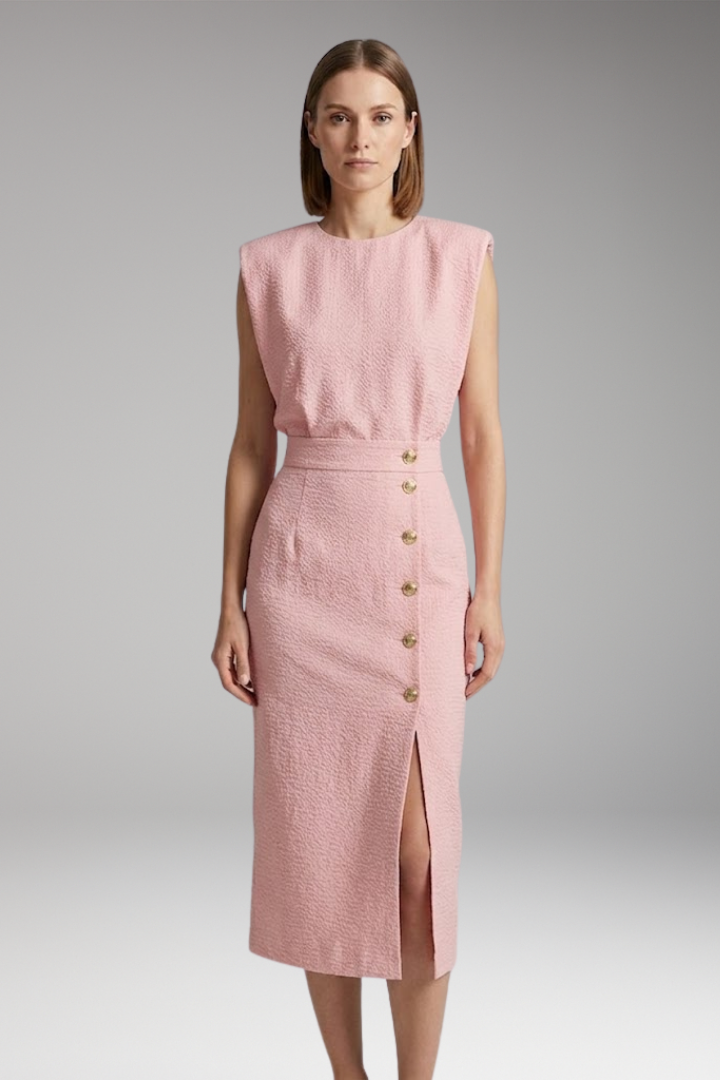 Women's Midi Dress with Round Neck and Button Front