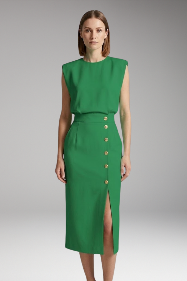 Women's Midi Dress with Round Neck and Button Front
