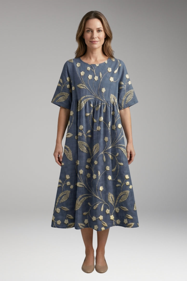 Women's Midi Dress with Round Neck and Short Sleeves